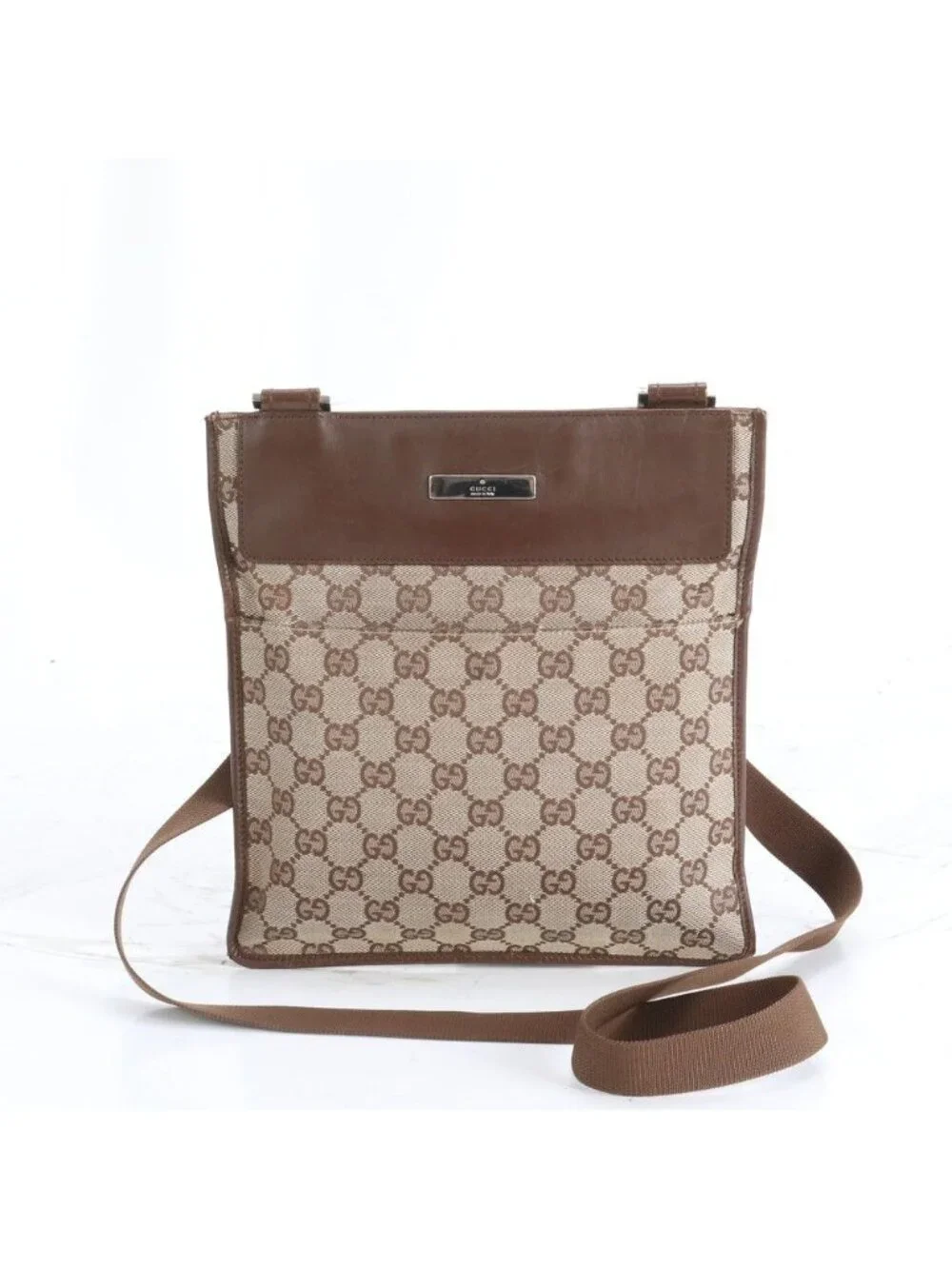 Gucci GG Canvas Leather Shoulder Bag Crossbody Messenger Brown
